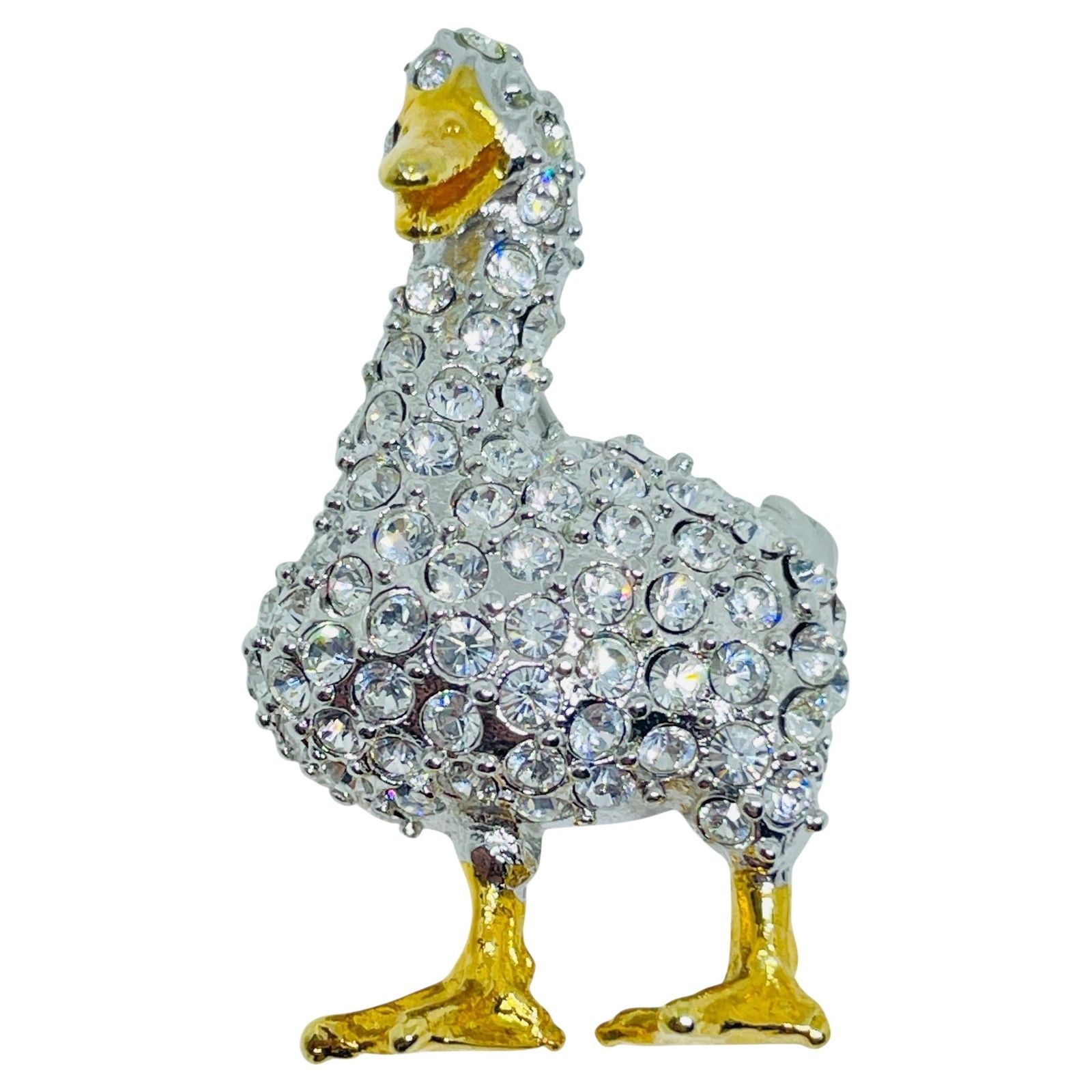 Vintage Silver Gold Tone Pave Rhinestones Duck Figural Designer Brooch